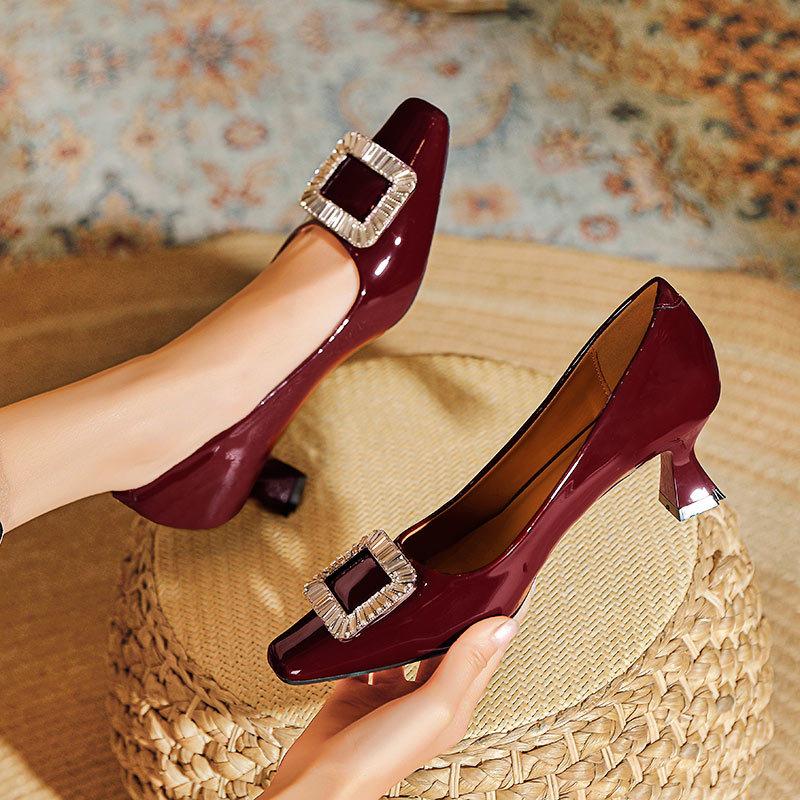 High heels thin heel red wedding shoes square heel shoes rhinestone square buckle small heel shoes