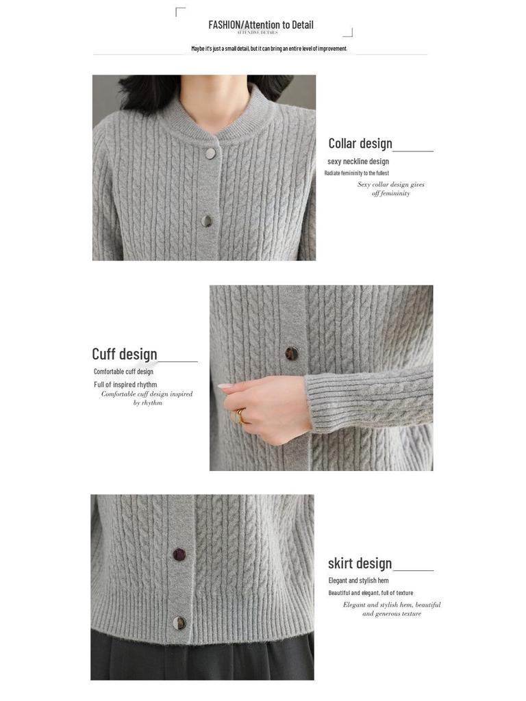 2025 Autumn/Winter Women's Thick Cable Knit Round Neck Cardigan Sweater Coat