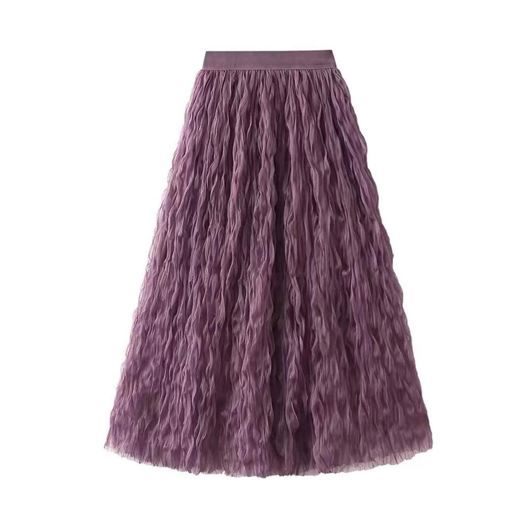 2026 Summer Elegant High Waist Mesh A-line Skirt with Wave Pleats for Women