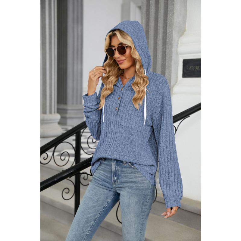 Herbst und Winter Damen Einfarbig Knopf Kapuzentasche Lose Langarm Sweatshirt