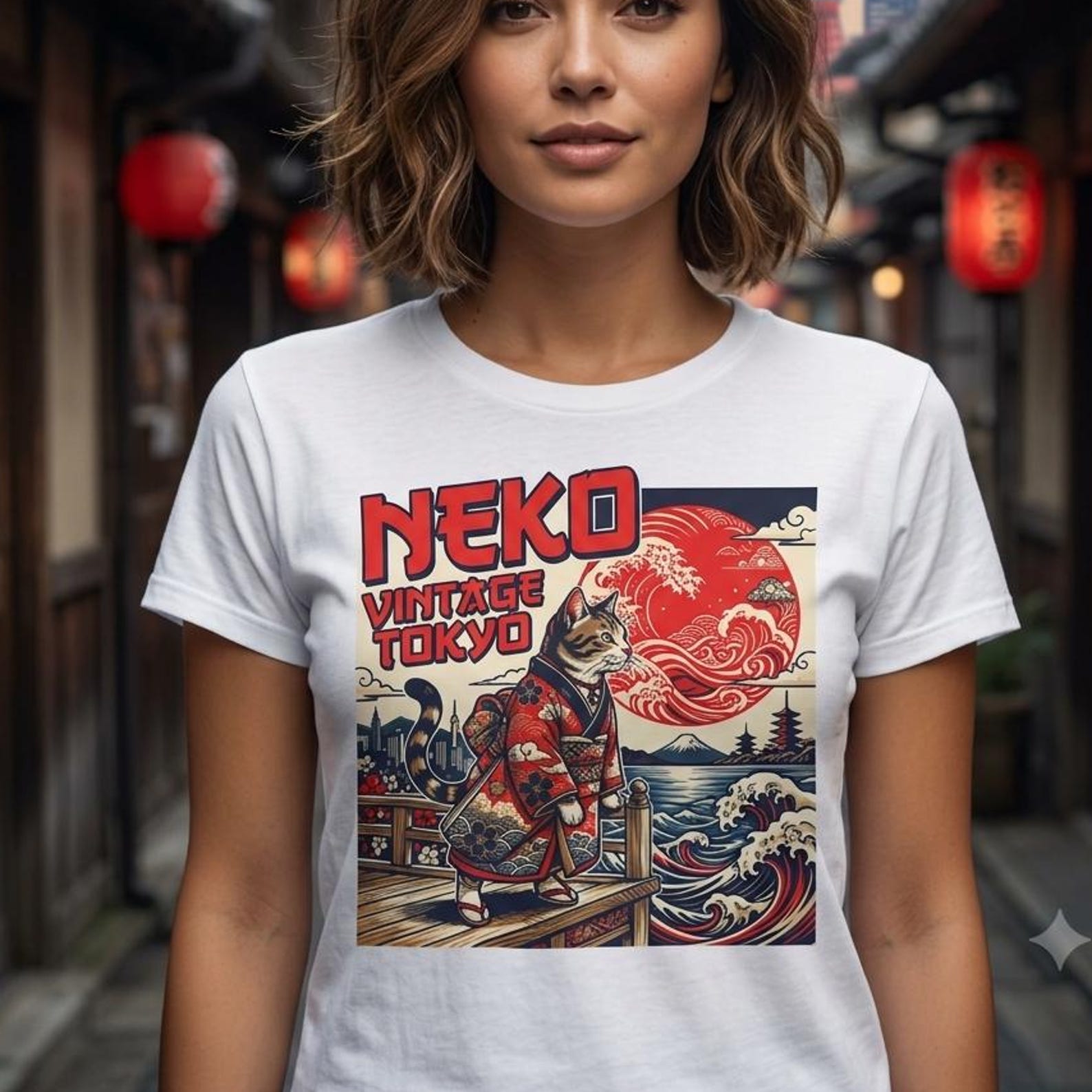 Neko Tokyo Cat Samurai Tee Japanese Wave Retro Ukiyo-e Style Graphic Shirt L