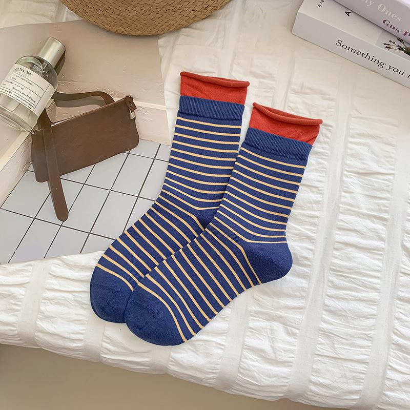 Autumn Socks: Women's Color-blocked Double Flared Rolled-up Trendy Socks, Mid-calf Socks, Striped Versatile Pile Socks