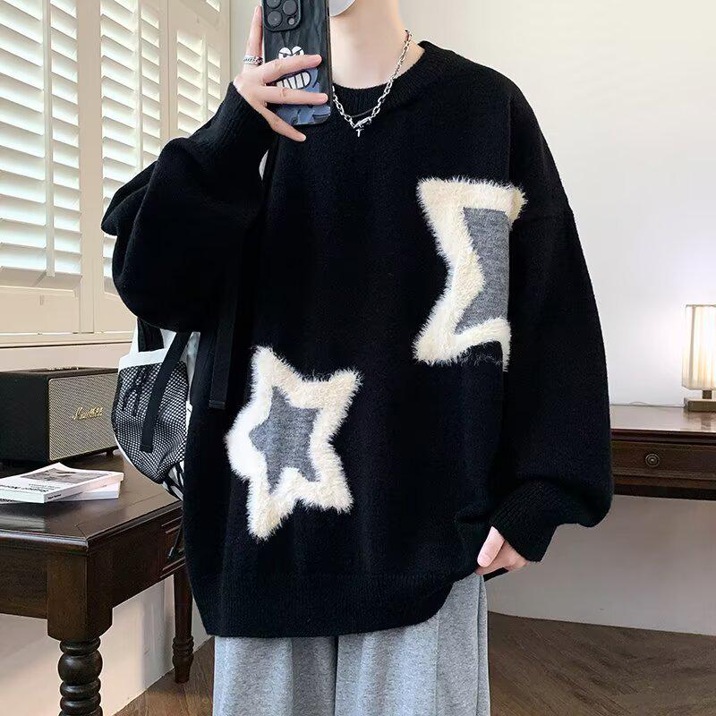 Men s Faux Mink Velvet Round Neck Sweater: Warm, Loose Knit for Autumn and Winter - Trendy Outerwear L чёрный