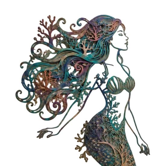 Rustic Metal Art for Patios Mermaid Wall Decoration, Three-dimensional Hollow Iron Artistic Crafts Sculpture, Retro Ocean Style Hanging Figures