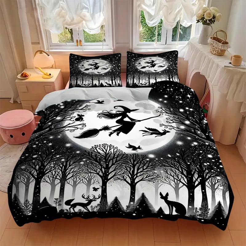 3pc Moonlit Witch Cover Set - 1 Quilt Cover + 2 Pillowcases, All Seasons Bedroom Setting, Perfect for Home010
