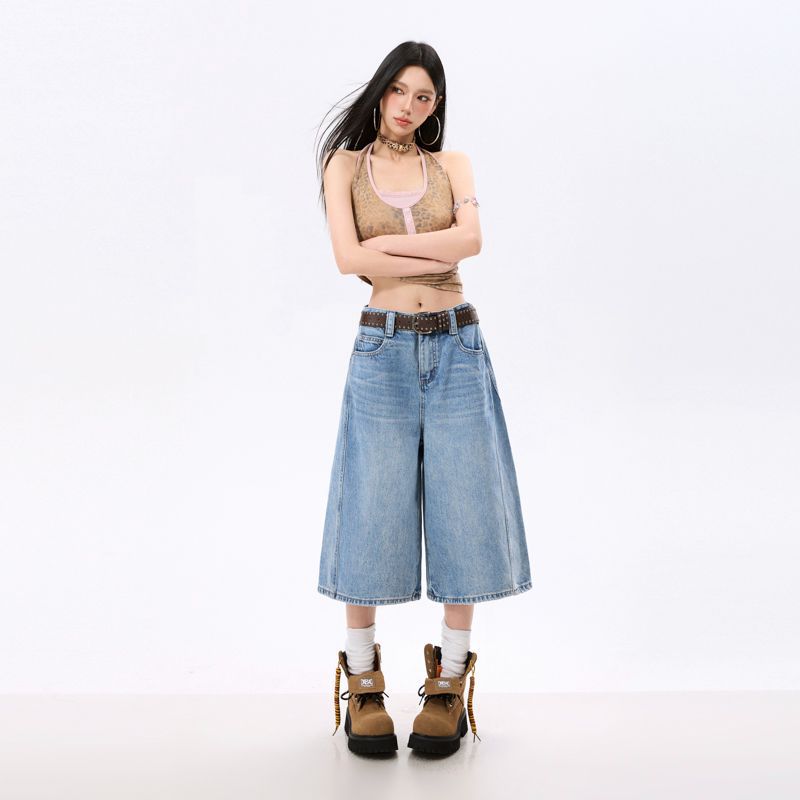 Fashion Summer Relax Fit Casual Wide Leg Cropped Capri Denim Pants For Women Trendy Versatile Loose Straight Slimming AllMatch Design