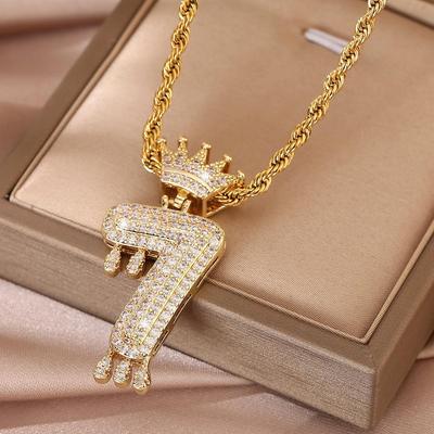 Luxury Lucky Number Zircon Crown Pendant Necklace with Diamonds - Hip-Hop Style Accessory