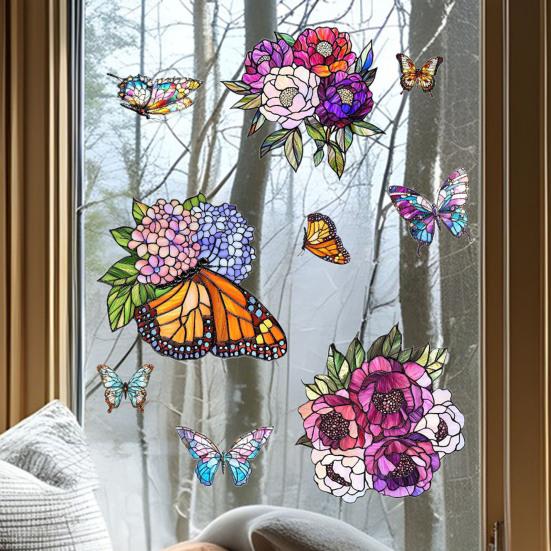 Naklejka na okno z motywem kwiatów i motyli, dwustronna, usuwalna, wodoodporna, z PCV, statyczna naklejka na szkło z motywem kwiatowym, dekoracja do domu, biura, naklejka