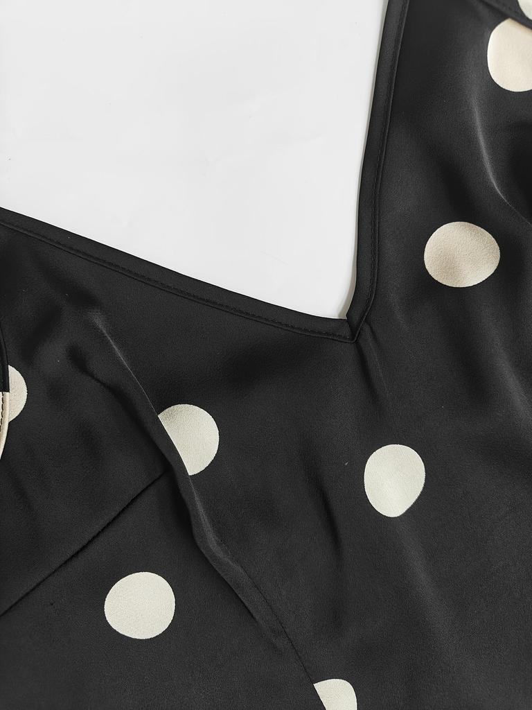 2026 Retro Polka Dot V-neck Satin Camisole Dress - European & American Style, Slimming Midi A-line Skirt for Women