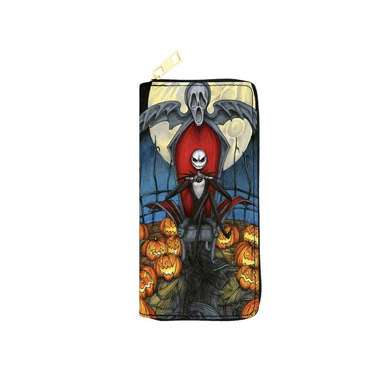 Portefeuille Long à Fermeture Éclair en PU Nightmare Before Christmas pour Femmes Pochette Simple Fermeture Éclair Sac à Maquillage Impression Jack Skellington 3 pièces