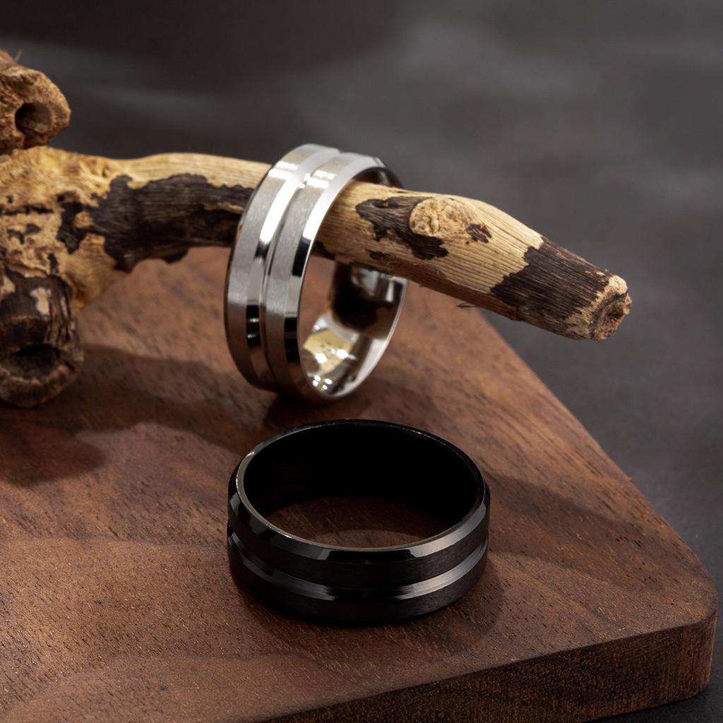 Men's Wedding Ring with Black Groove Beveled Edge Fashion Engagement Ring for Men Suitable for Festival