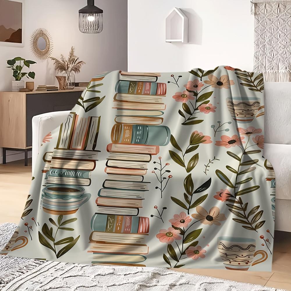 Vibrant Book & Floral Design Flannel printed blanket suitable for all seasons suitable for living room office sofa and travel