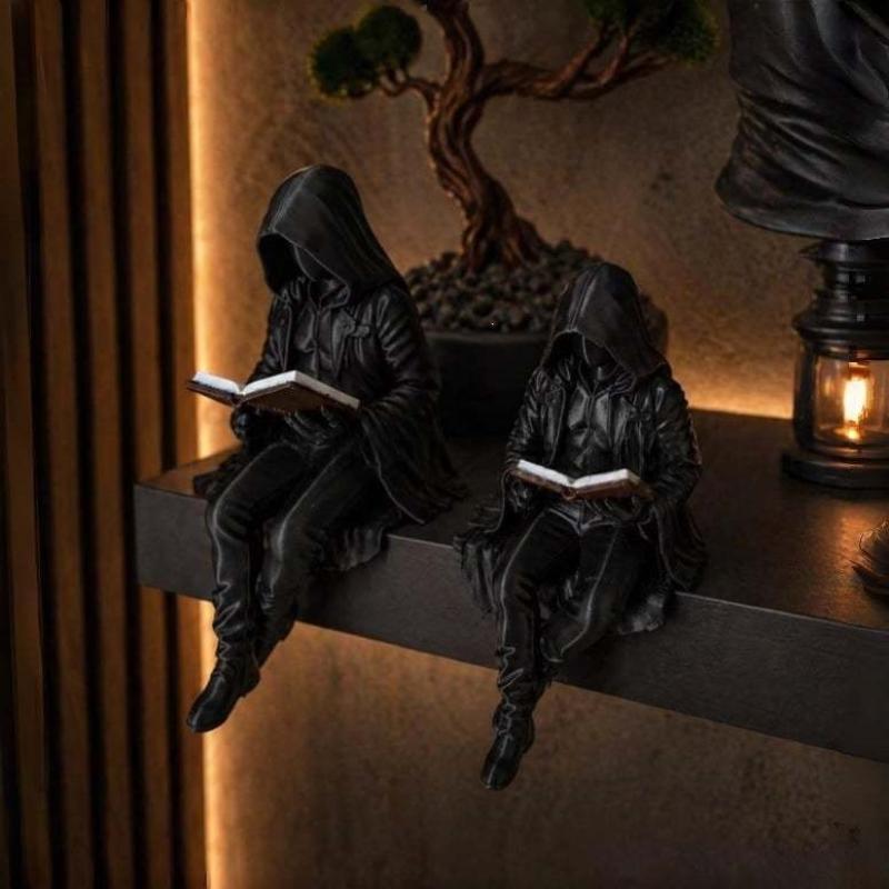 Sensenmann Lese Statue Harz Schwarze Kapuze Schädel Miniaturfigur Halloween Heim Schreibtisch Ornamente Gotische Dekoration