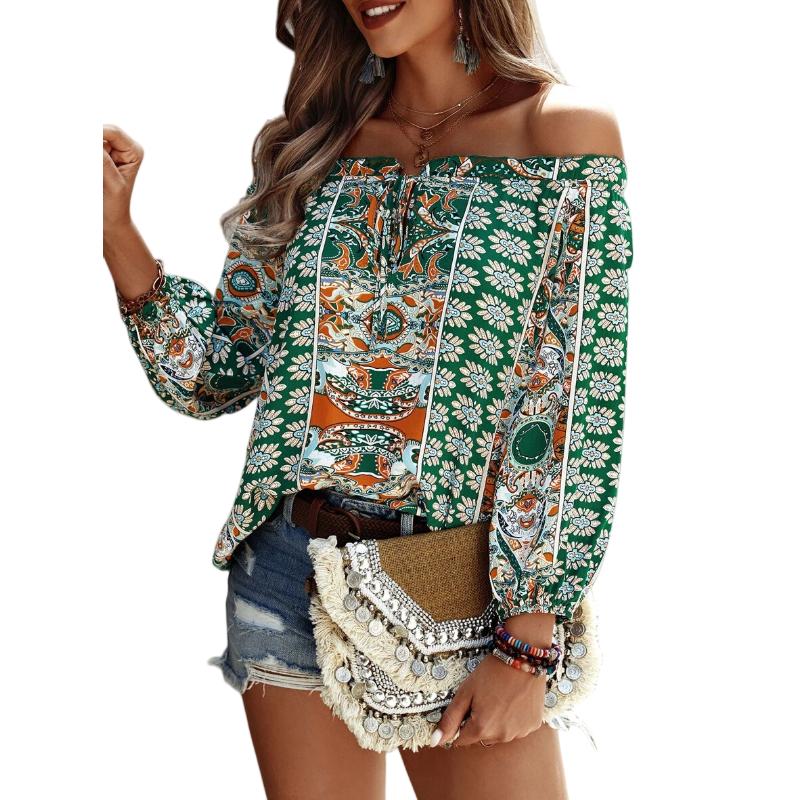 2023 Summer New Bohemian Style Floral Print Off Shoulder Long Sleeved Shirt for Women