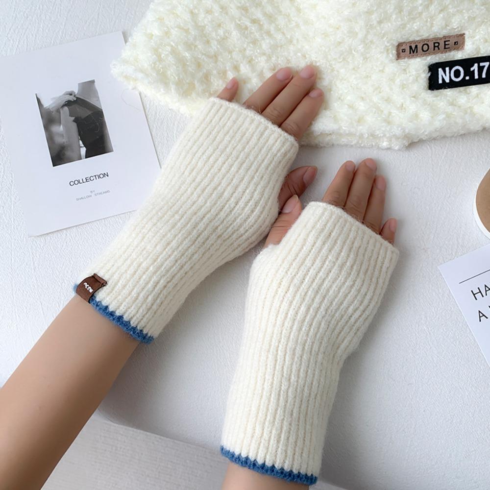 Cute Knitted Warm Half Finger Knitted Gloves Fingerless Solid Color Winter Fingerless Gloves Cashmere Thumb Hole Short Gloves