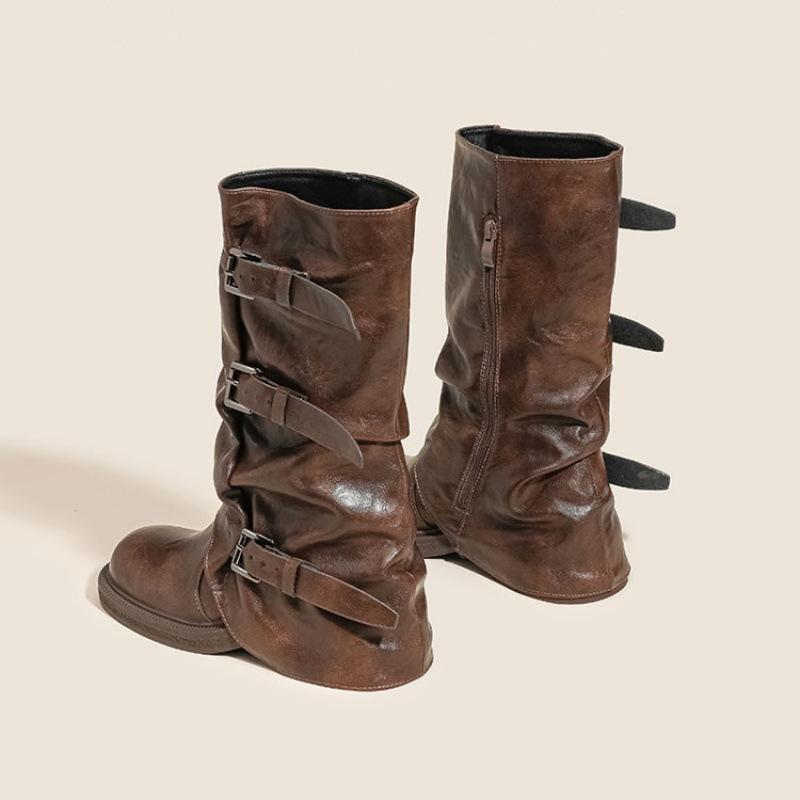 Medium Length Martin Boots Women's Small Pile Boots Women's Summer Brown Boots Thick-soled Wasteland West Cowboy Boots