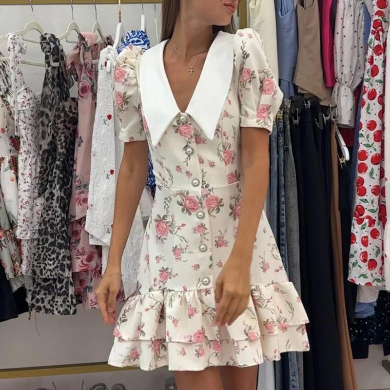 Summer Print Puff Sleeves Ruffled Dress Women's V-Neck High Waist Pearl Buttons Mini Dress Female Casual Vacation Fashion Dress