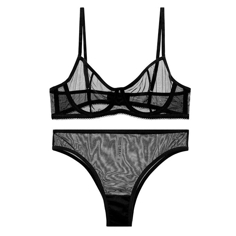 Sexy Spitze Ultradünnes BH-Set für Frauen Mesh Transparente Dessous Französischer Bügel Push-Up-Büstenhalter und Höschen Black Temptation XL schwarz