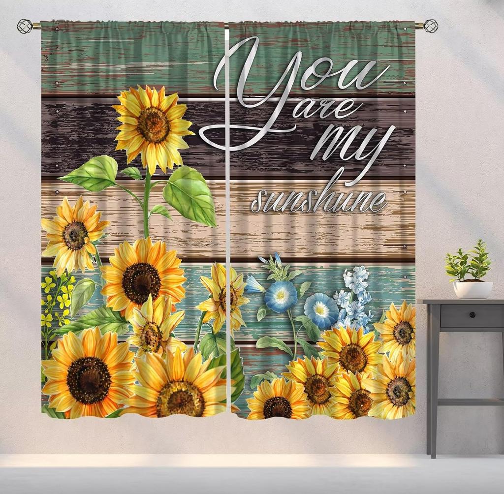 Farmhouse Sunflower Curtains Country Vintage Floral Wooden Board Art Printed Window Drapes Bedroom Kitchen Decor Room Darkening Polyester Master