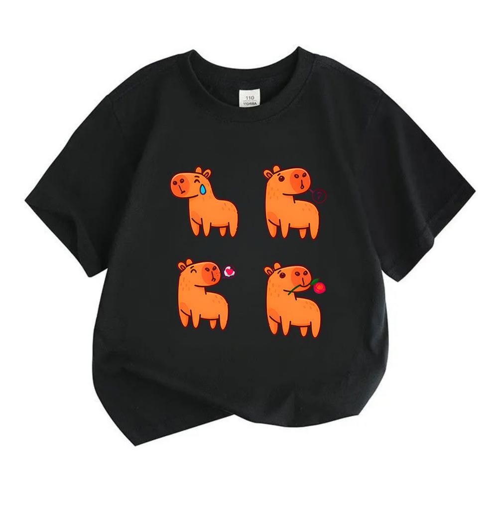 Kids Boys Girls 100% Cotton Crew Neck Short Sleeve T-Shirt, Cute Cartoon Orange Capybara 4-Panel Funny Graphic Casual Lightweight Summer Tee for Child