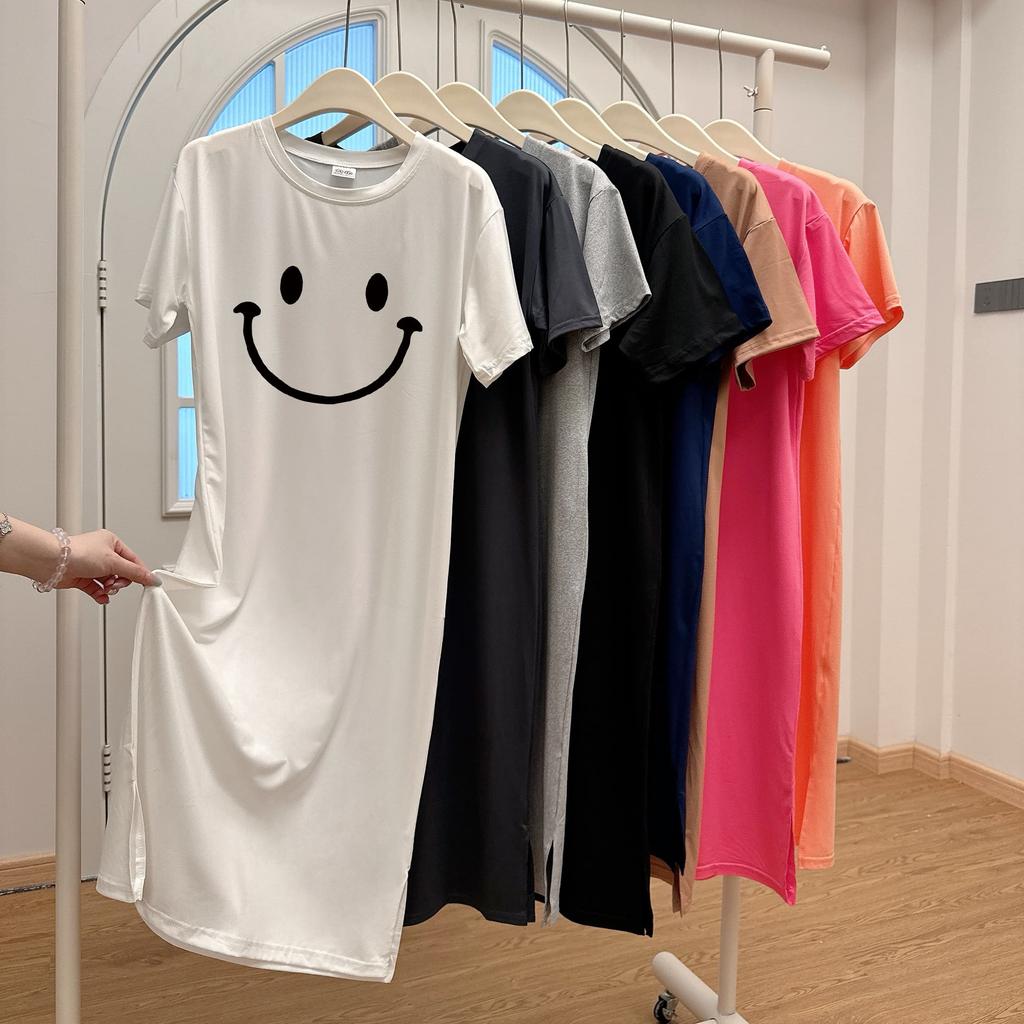 Loose-fitting Large-sized Women's Round-neck Short-sleeved T-shirt Dress, Long Laid-back Style Dress, Knee-length Sleeping Dress