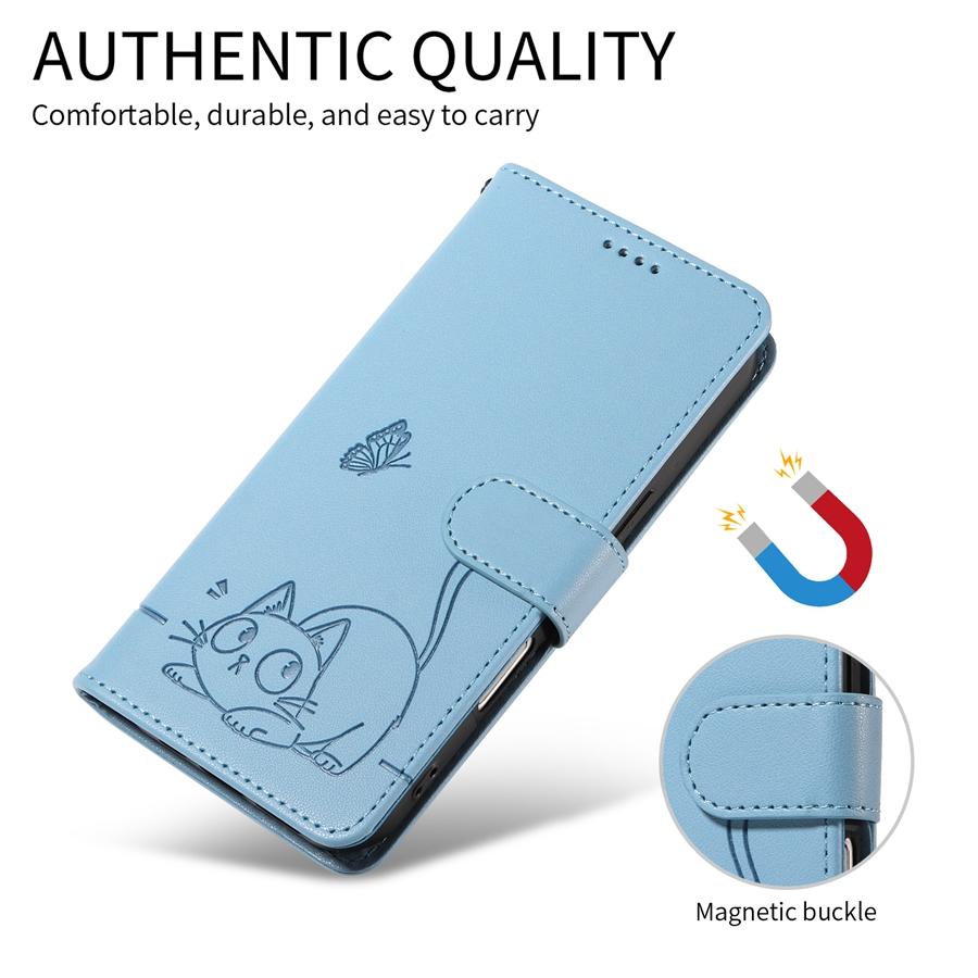 Embossed Butterfly and Cat Flip Case with 3 Card Slots and Stand for iPhone/Samsung/Xiaomi Redmi PU Leather Phone Wallet Case with Hand Strap