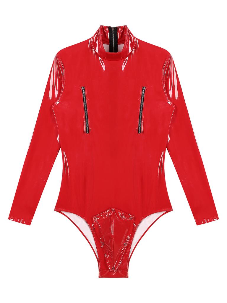 Men Shiny Latex Catsuit Leotard Jumpsuit Slim Fit Long Sleeve Zipper Boxer Bodysuit Leotard Clubwear Pole Dance Rave Costume