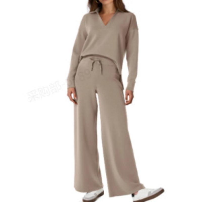 VEZFAA Damesmode Casual Lente Herfst Effen Kleur Print Lange Mouw POLO Hals Broek Pakken