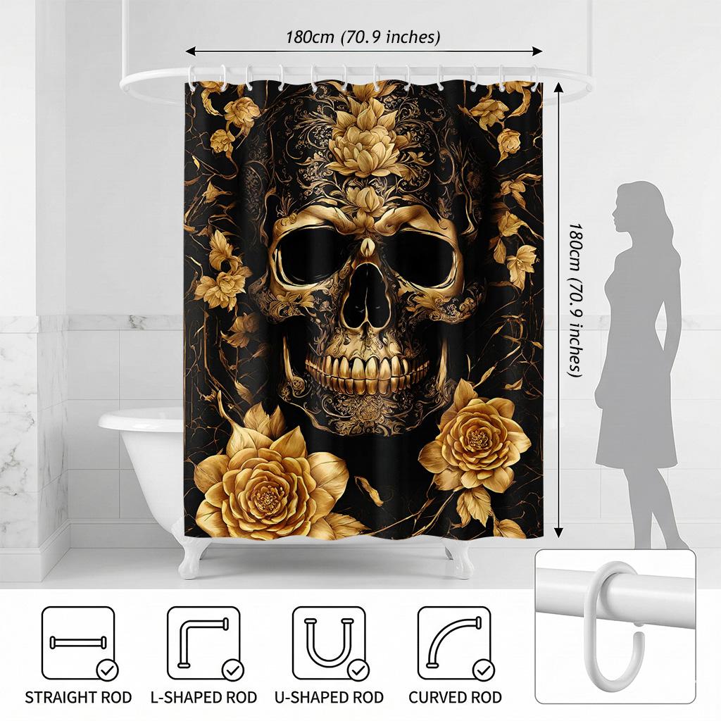 Luxury Gold Skull And Rose Shower Curtain, Black Gothic Floral Bathroom Decor, Baroque Filigree Art Fabric Bathroom Curtain