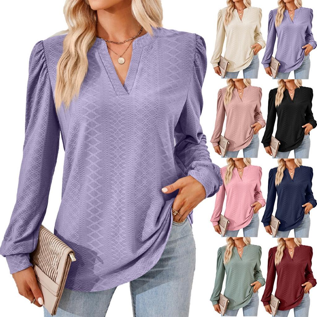 Women's Solid Color V-neck Jacquard Long Sleeve Loose T-shirt Top, Autumn Winter Casual Wear for Europe America Cross-border