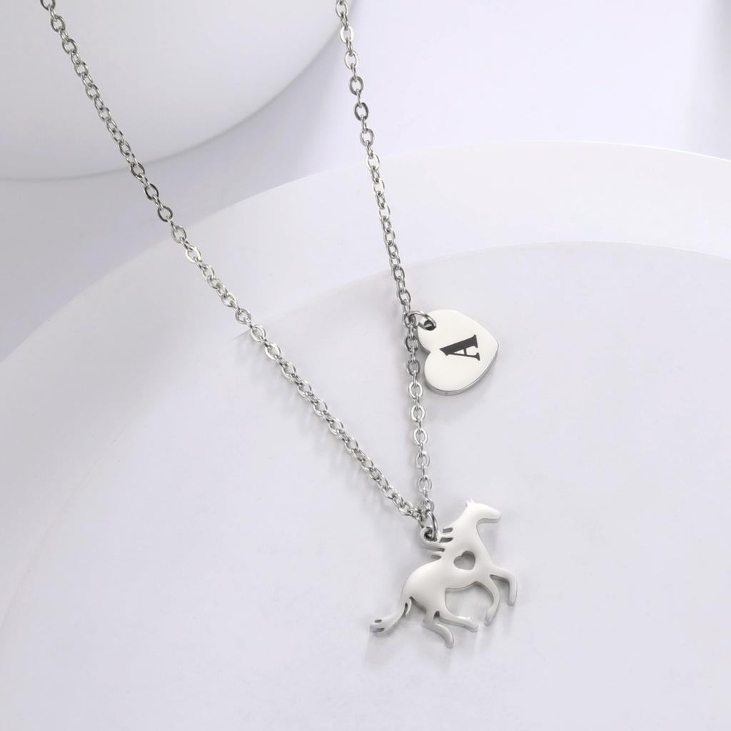 Stainless Steel A-Z Letter Necklace Animal Horse Initials Heart-shaped Pendant Necklace Party Jewelry