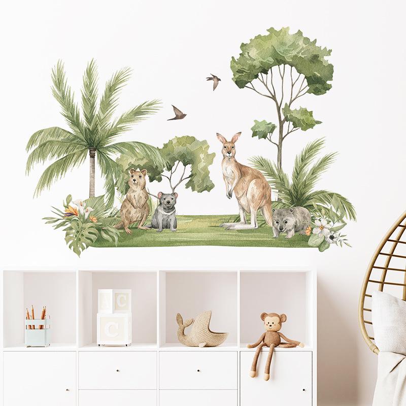 Cartoon Tropical Plants Coconut Tree Kangaroo and Raccoon Wall Sticker Self-Adhesive Removable for Bedroom Entryway Home Decor