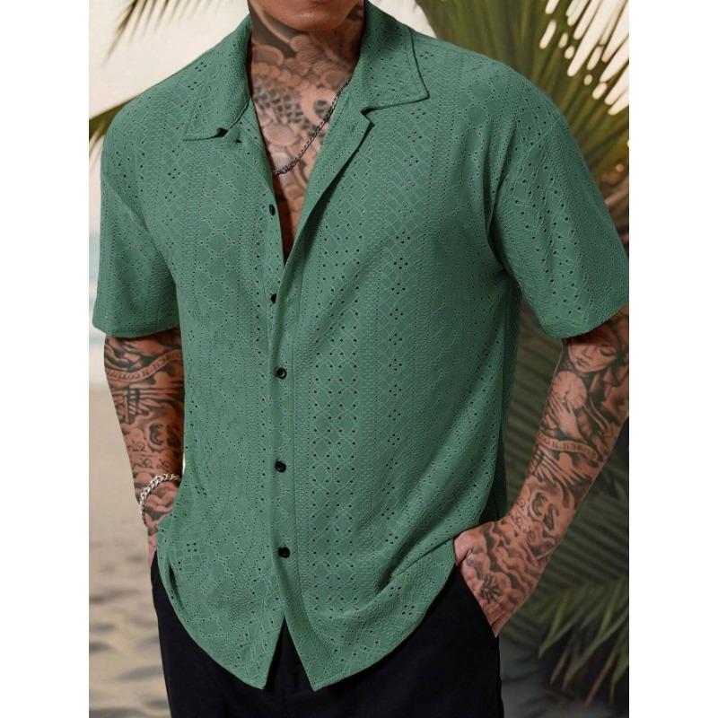 Spring Popular Men's Hollow Jacquard Short Sleeve Shirt Versatile Casual Breathable Comfortable Top