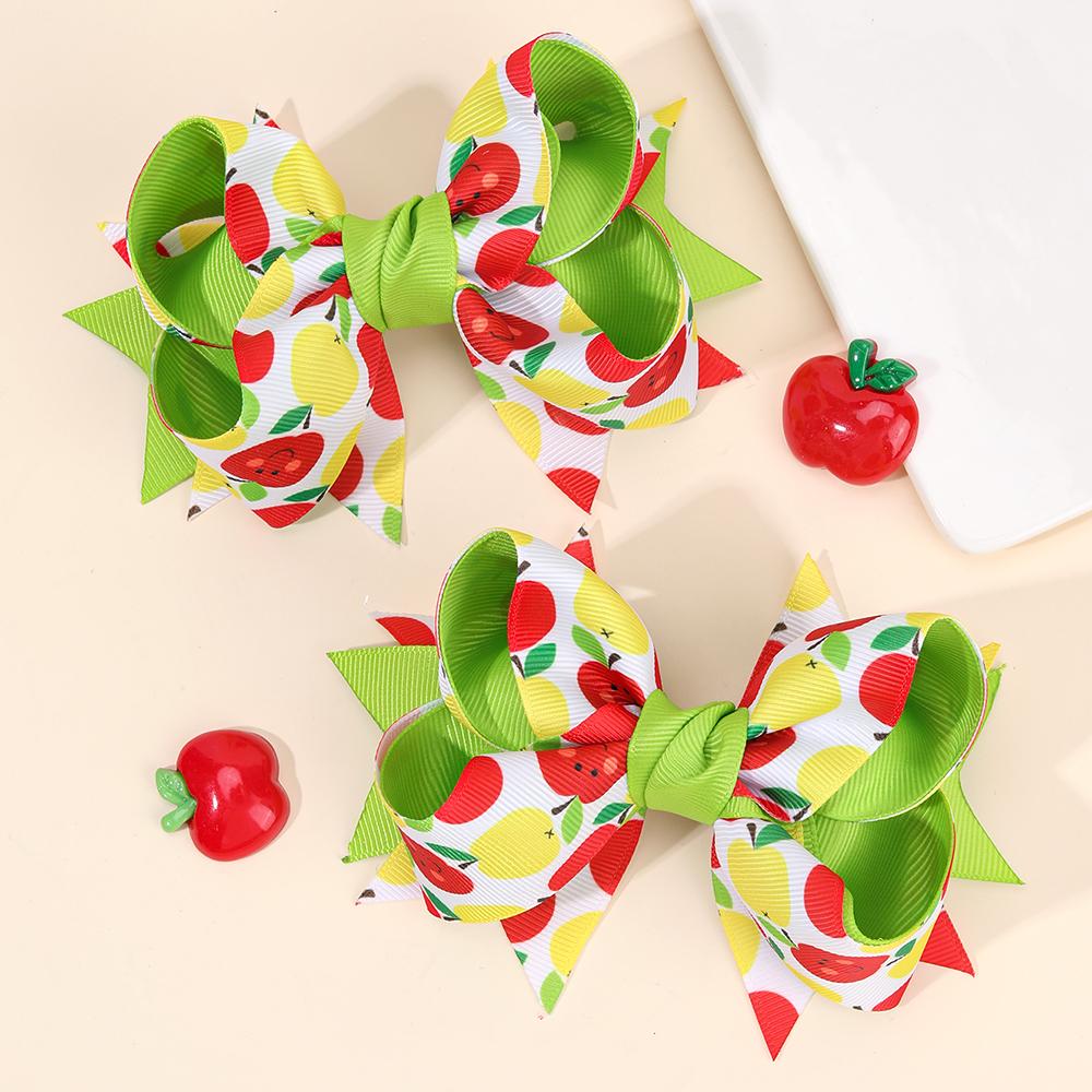 2Pcs Fruit Bow Hair Clips Ribbon Hairpin Summer Watermelon Apple Print Barrette For Girl Children Headwear Headdress Accessories