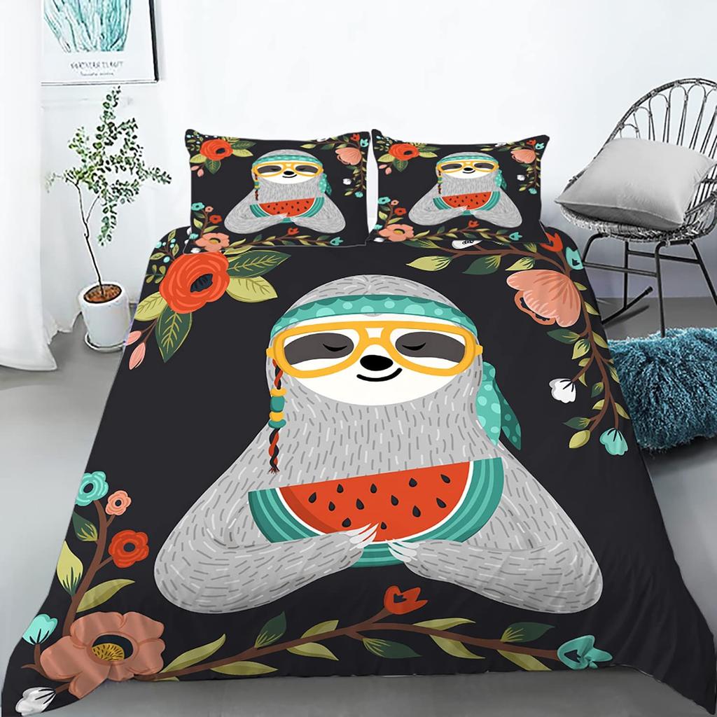 Kids Sloth Duvet Cover Set Queen King Size, Cute Animal Pattern Polyester Comforter Cover, Branches Winter Theme For Boys Girls