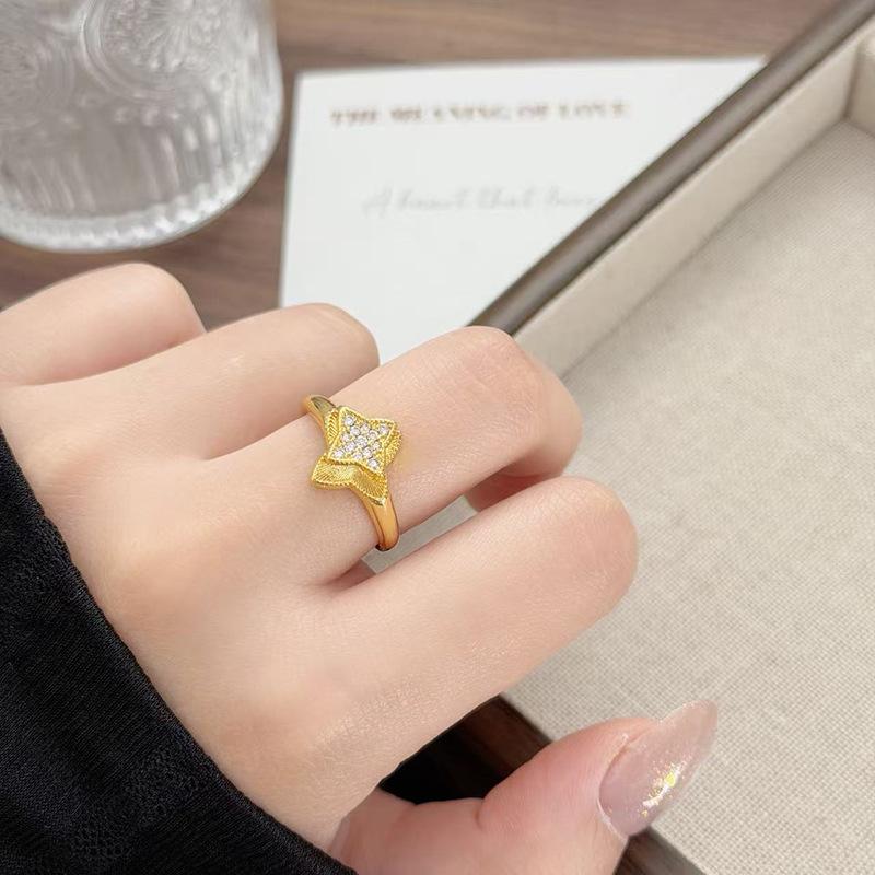Retro Exquisiter Vierblättriger Klee Voller Diamanten, Liebe Zirkon Funkelnder Diamantring, Damen Leichter Luxus Persönlichkeit Stapelbarer Zeigefingerring