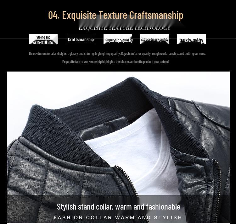 Youth Blue Leather Jacket with Stand Collar, Zipper, Side Pockets, and Round Hem - European-American Style, Winter Collection.