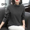 Damen-Oberteile mit hohem Kragen, langen Ärmeln, verdicktem Samtfutter, Pullover-Oberteile, gestreifter Aufdruck