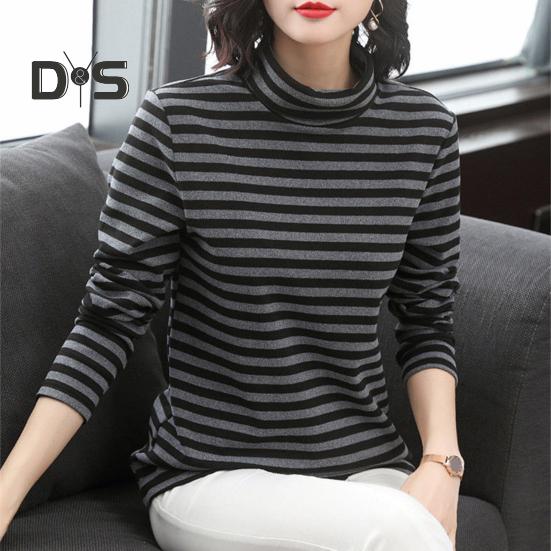 Damen-Oberteile mit hohem Kragen, langen Ärmeln, verdicktem Samtfutter, Pullover-Oberteile, gestreifter Aufdruck