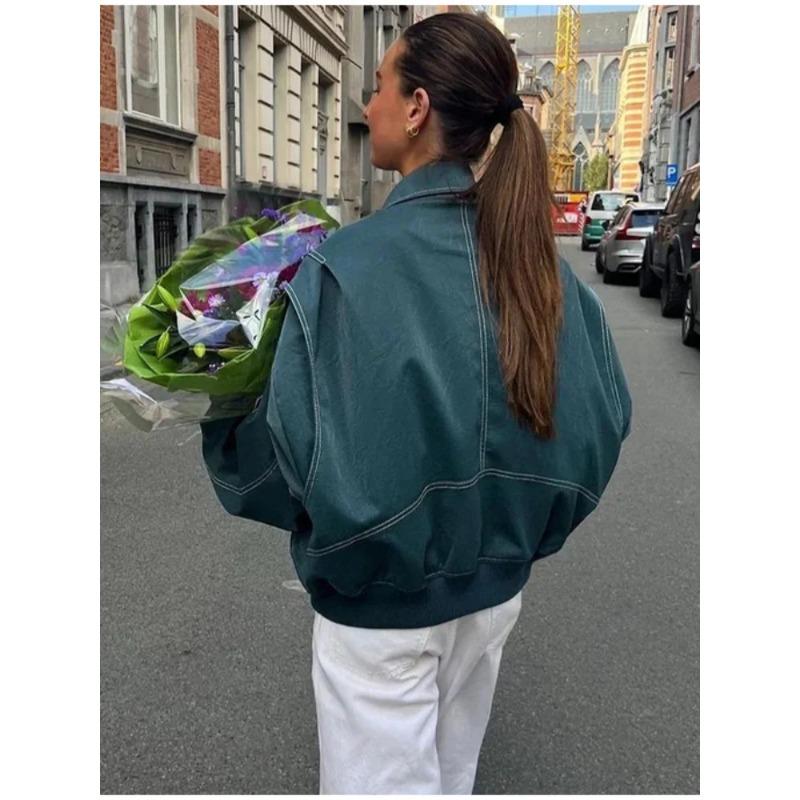 Giacche Vintage a Manica Lunga con Revers a Punto Contrasto Donna Ampie Monocolore Zip Giacca in Pelle PU Femminile Autunno High Streetwear