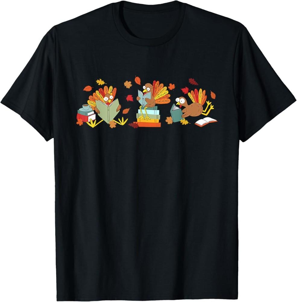 

Turkey Reading Books Fall Thanksgiving Teacher Book Lovers T-Shirt M