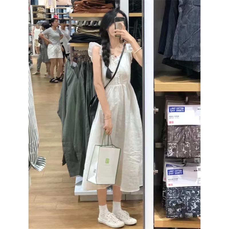 French Design Sense White Suspender Dress Female Small First Love Fairy Skirt Flying Sleeves Student Medium and Long Dress Summer