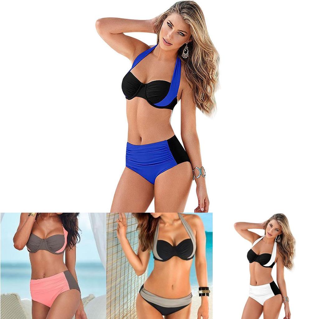Set Women Bikini Contrast Block Halter Top High Waist Bottom Swimwear Beach