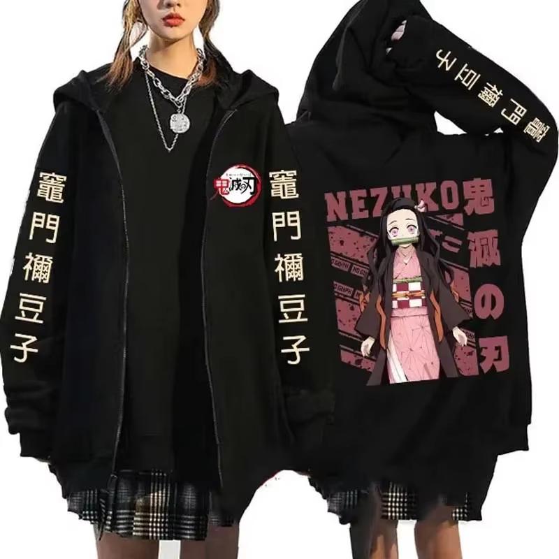 Japanese Anime Demon Slayer Zipper Jackets Sweatshirt Nezuko Kamado Mange Zip Up Hoodies Kimetsu No Yaiba Cartoon