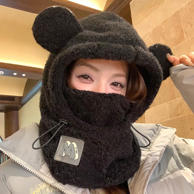 Cute winter thickened plush bear hat mask integrated women's autumn and winter cold protection ear protection cycling hat