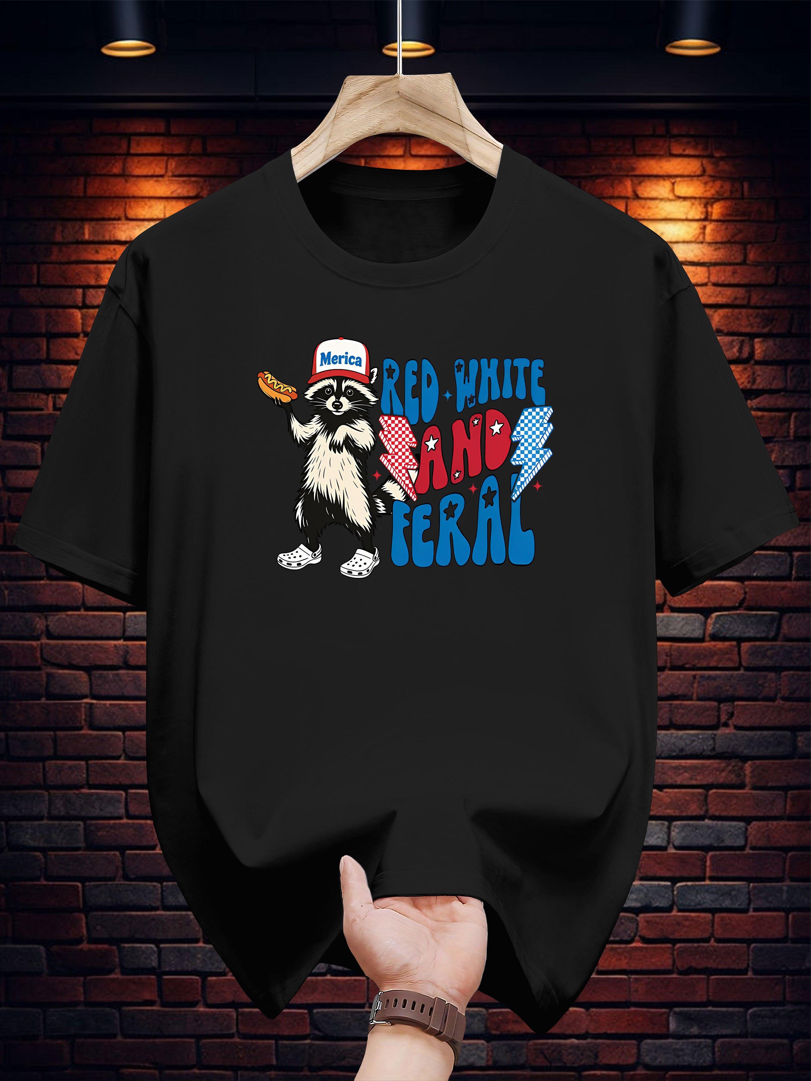 Graphic T-shirt - Navy Blue Patriotic Raccoon & Hot Dog Print with RED WHITE AND BLUE Text XXXL