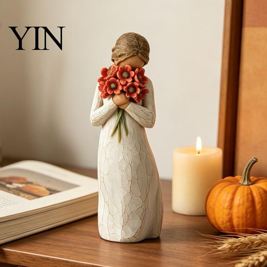 Minimalist Desk Ornament Girl Holding Bouquet Resin Figurine, Faceless Lady Statue, Romantic Desktop for Flower Statue Living Room Bedroom Home Decor,