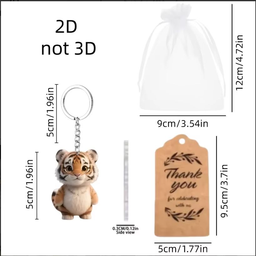 2D Cute Little Tiger Keychain Cartoon Animal Flat Pendant Acrylic Ornament Charms for Bag Hanging Decoration Party Festive Gift