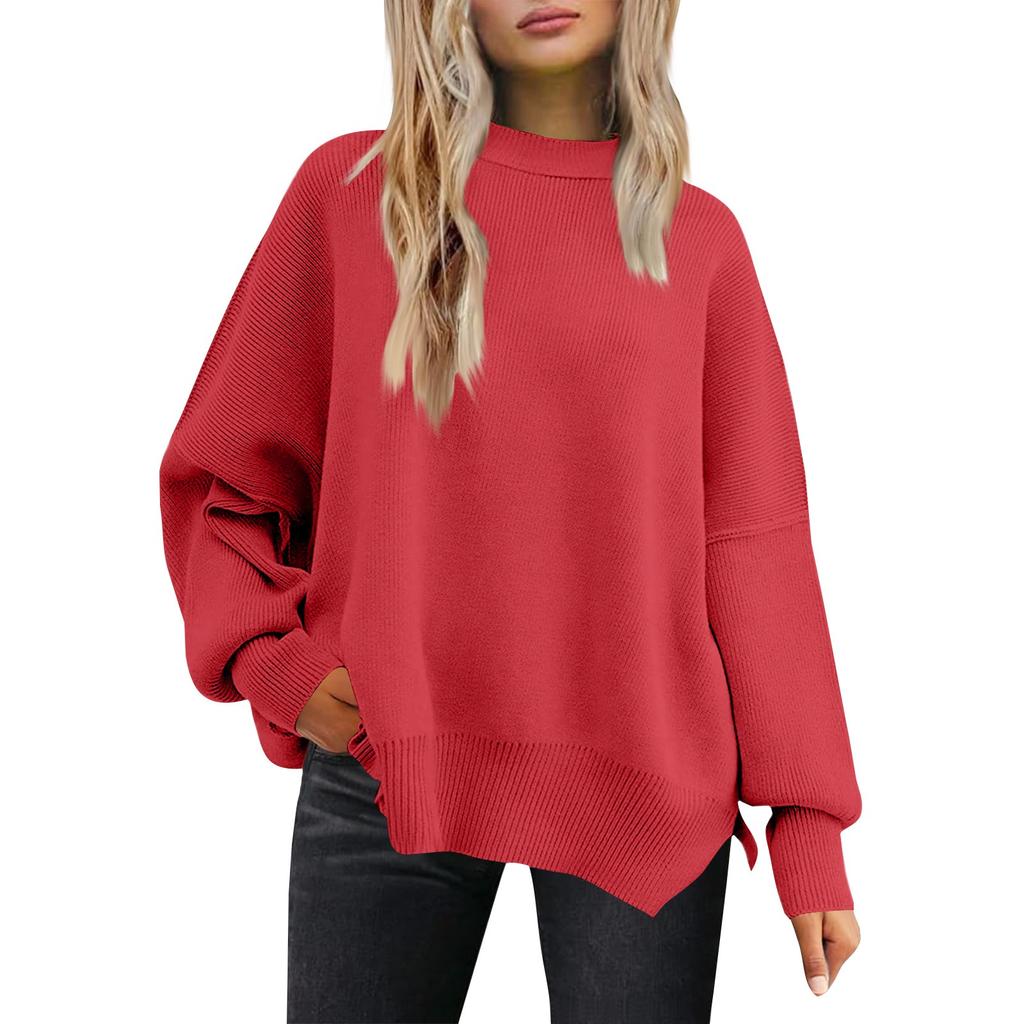 Women's Fashion Round Neck Long Sleeve Sweater Knitted Side Slit Pullover