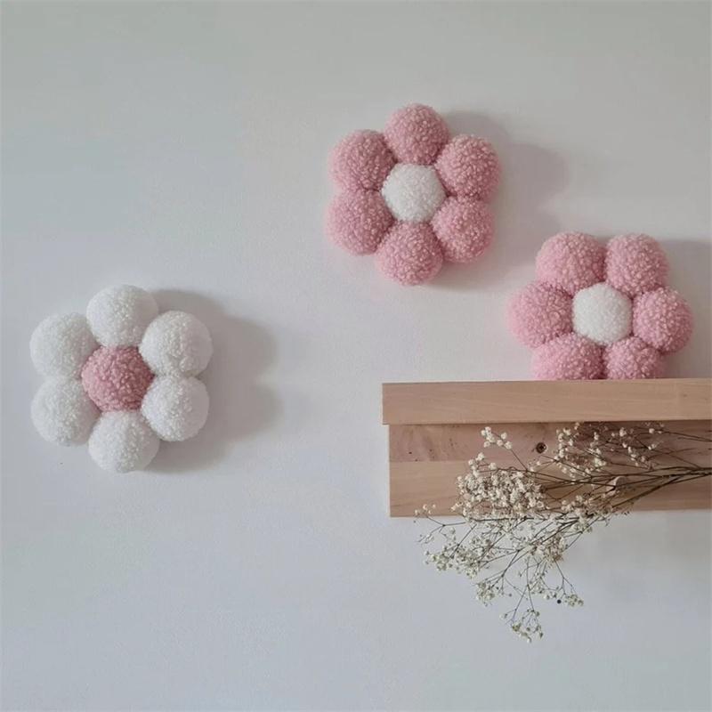 

Ins Boho Handmade Macrame Daisy Flower Pompom Pink Wall Decor Nordic Yarn Sticker for Kids Room Nursery Ornament Photo Props розовый